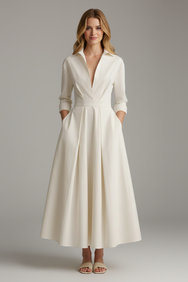Women's Collared Fall Wedding Guest Dress in Beige