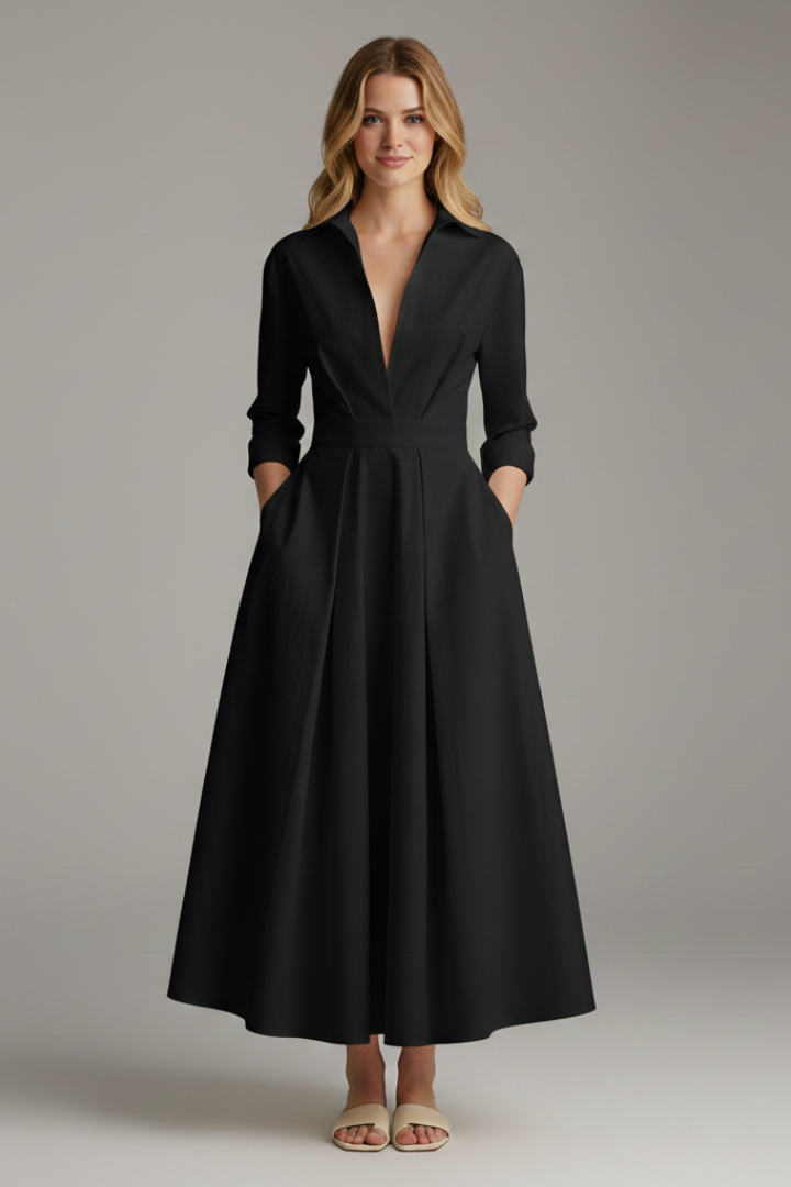 Women's Collared Fall Wedding Guest Dress in Black