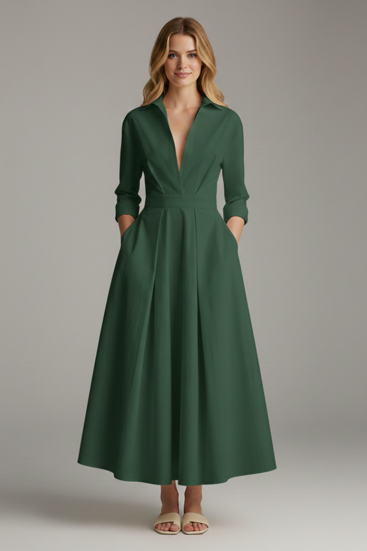 Women's Collared Fall Wedding Guest Dress in Green