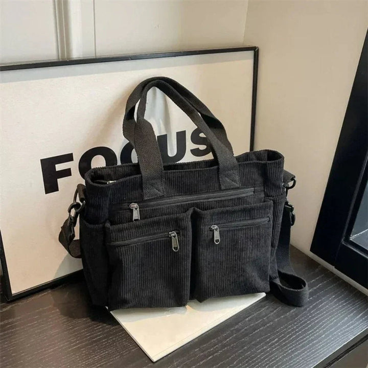 Women's Corduroy Crossbody Tote Bag for Work in Black