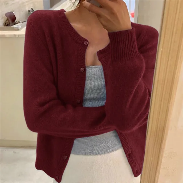 Women's Cosy Cropped Cardigan in Soft Knit in Burgundy