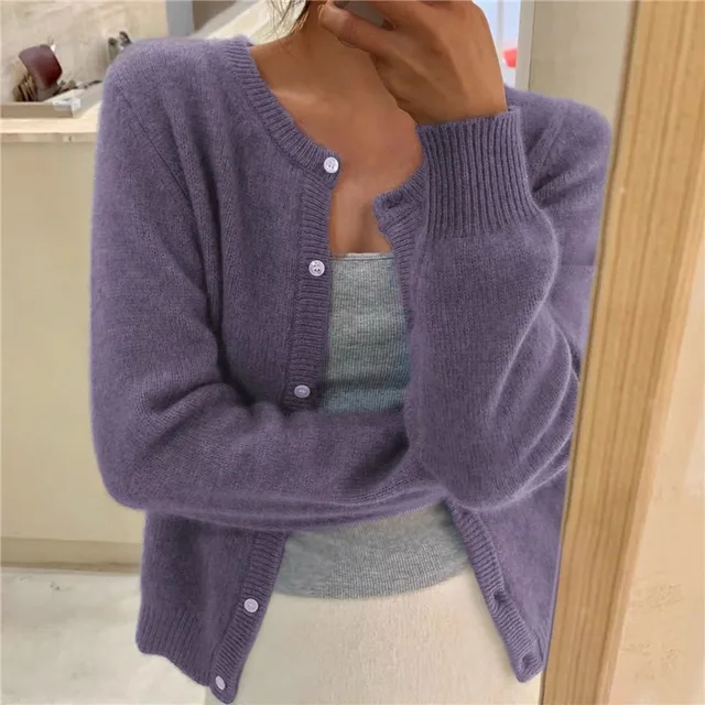 Women's Cosy Cropped Cardigan in Soft Knit in Purple
