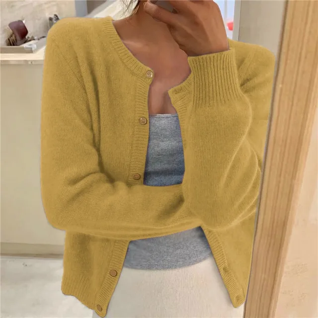 Women's Cosy Cropped Cardigan in Soft Knit in Yellow