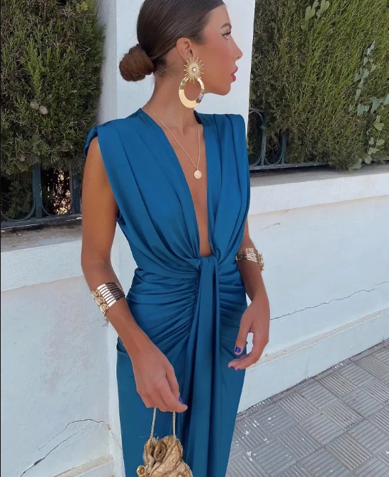 Women's Cotton Maxi Dress for Fall Weddings in Blue