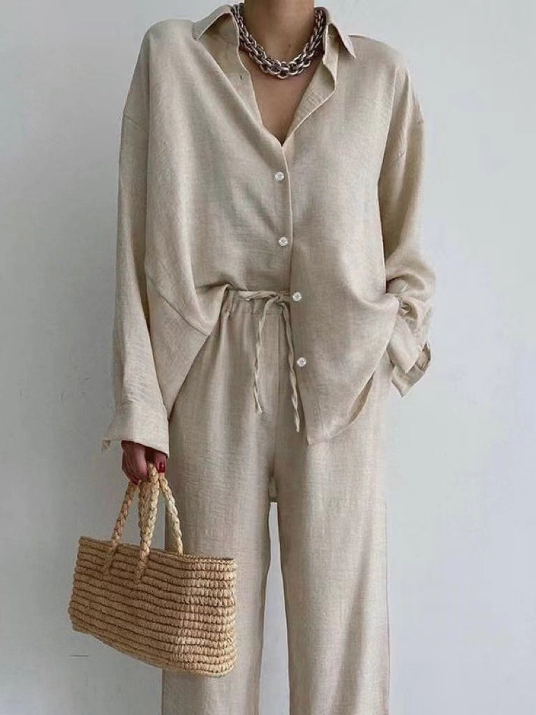 Women's Cotton Wide-Leg Blouse Pant Set in Beige