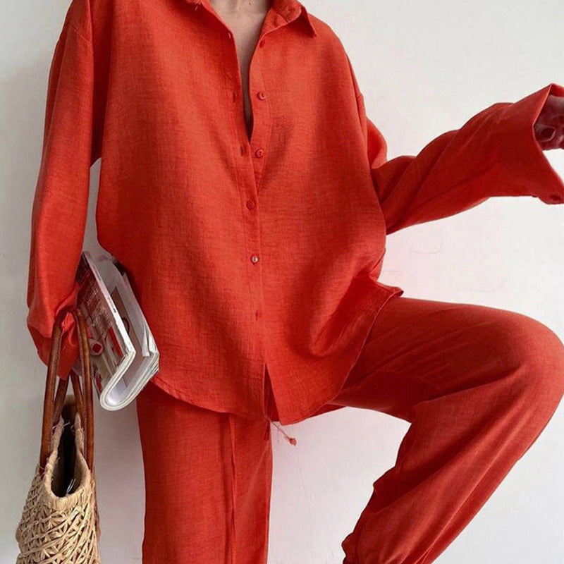 Women's Cotton Wide-Leg Blouse Pant Set in Orange