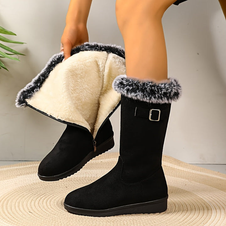 Women's Cowboy Boots, Fur-Trimmed for Winter in Black