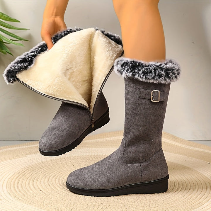 Women's Cowboy Boots, Fur-Trimmed for Winter in Grey