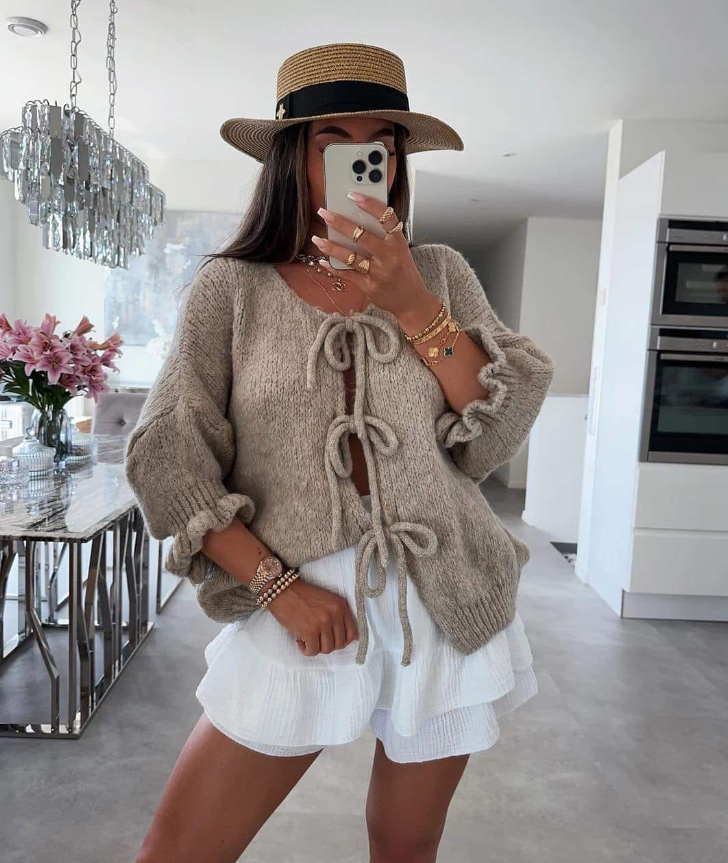 Women's Cozy Knit Cardigan with Bow Details