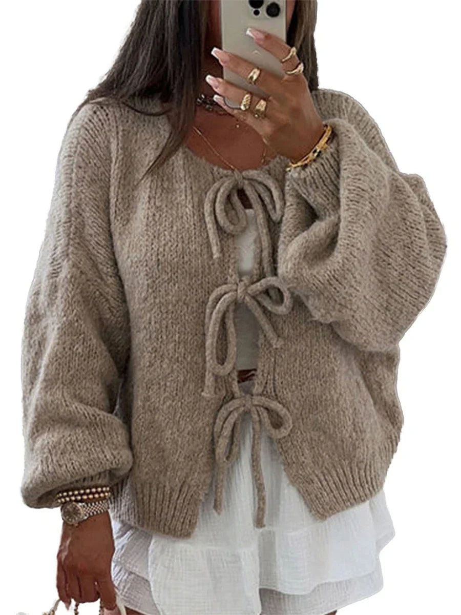 Women's Cozy Knit Cardigan with Bow Details (10)