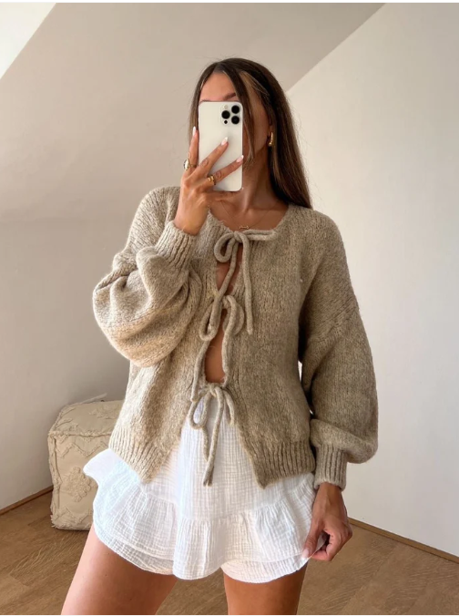 Women's Cozy Knit Cardigan with Bow Details (2)