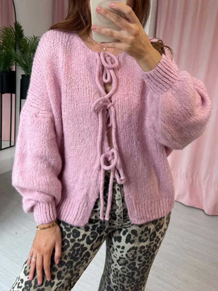 Women's Cozy Knit Cardigan with Bow Details (3)