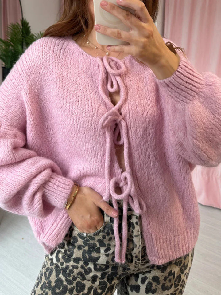 Women's Cozy Knit Cardigan with Bow Details (4)