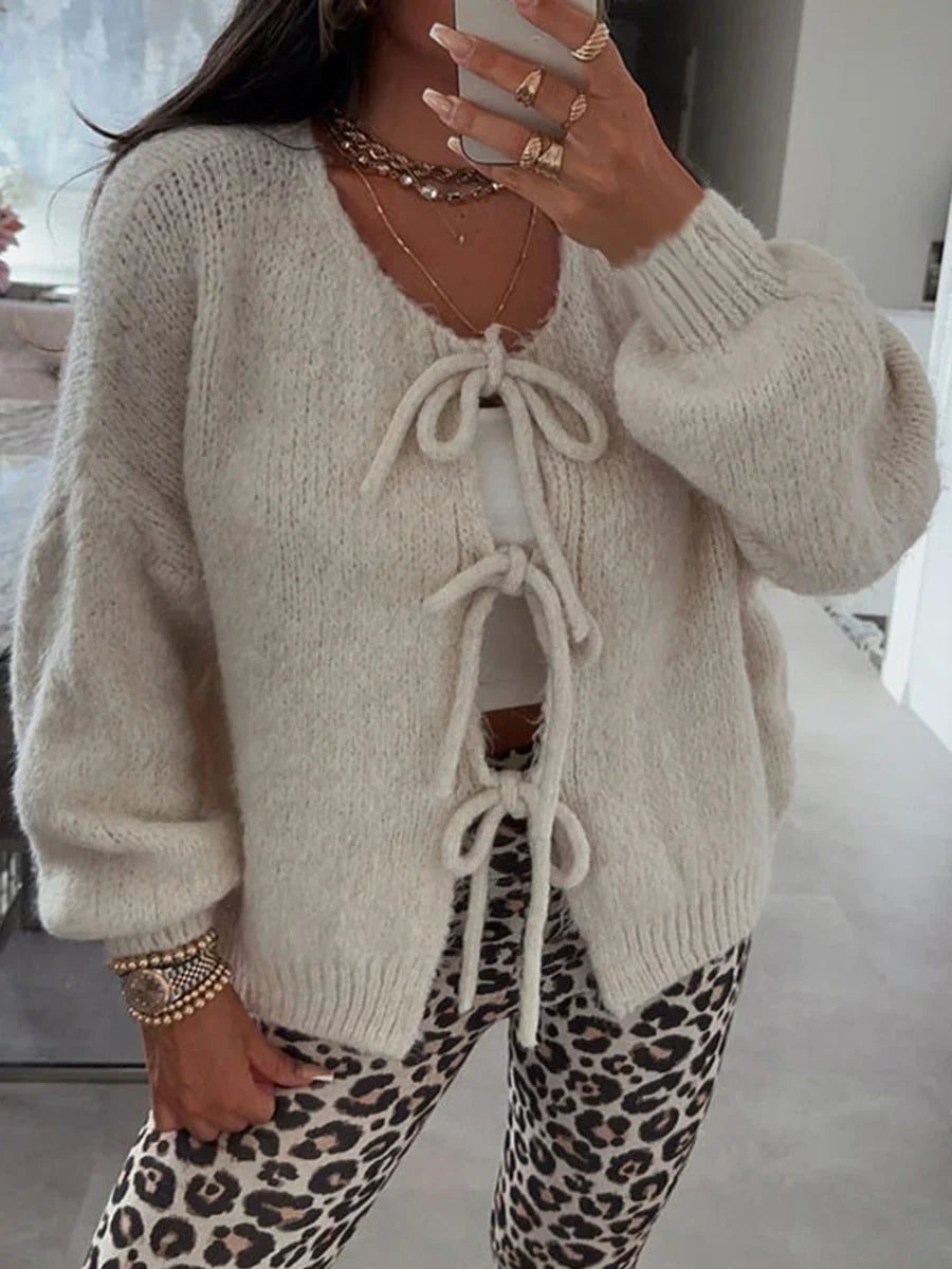 Women's Cozy Knit Cardigan with Bow Details (8)
