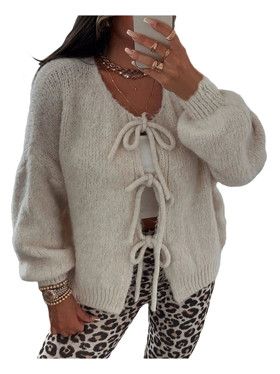 Women's Cozy Knit Cardigan with Bow Details in Beige