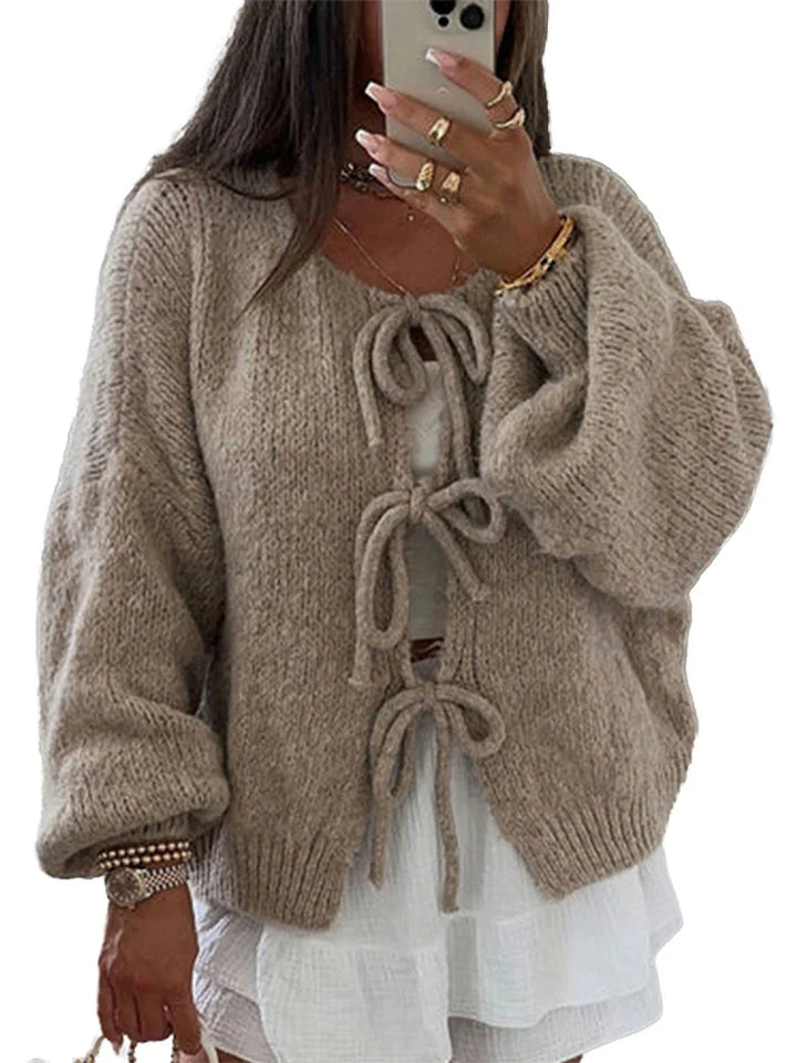 Women's Cozy Knit Cardigan with Bow Details in Khaki