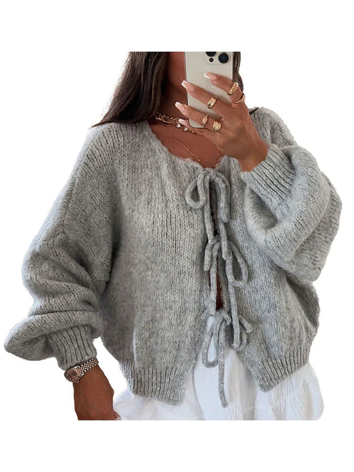 Women's Cozy Knit Cardigan with Bow Details in Light Grey