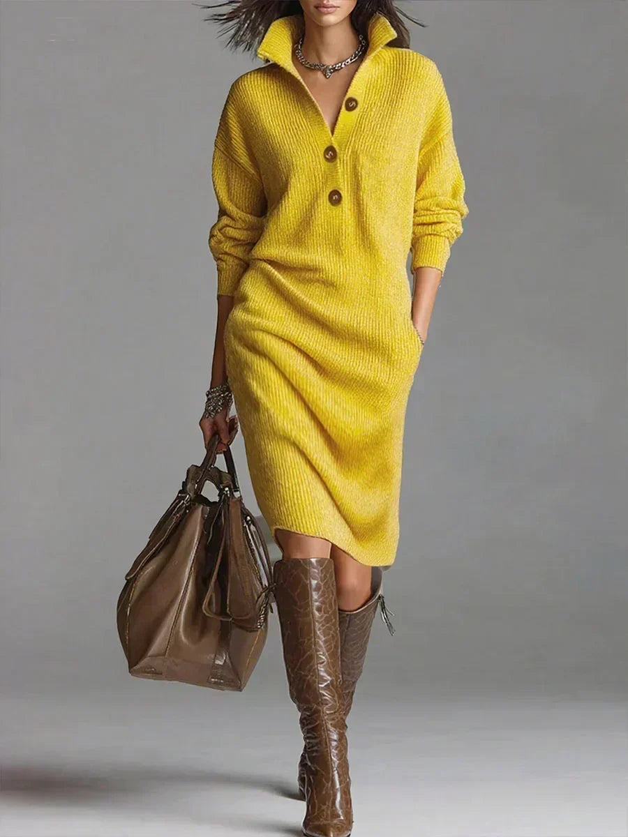 Women's Cozy Knit Midi Fall Dress in Yellow
