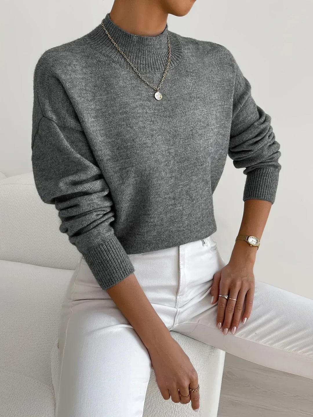 Women's Cozy Knit Turtleneck Sweater for Fall in Dark Grey