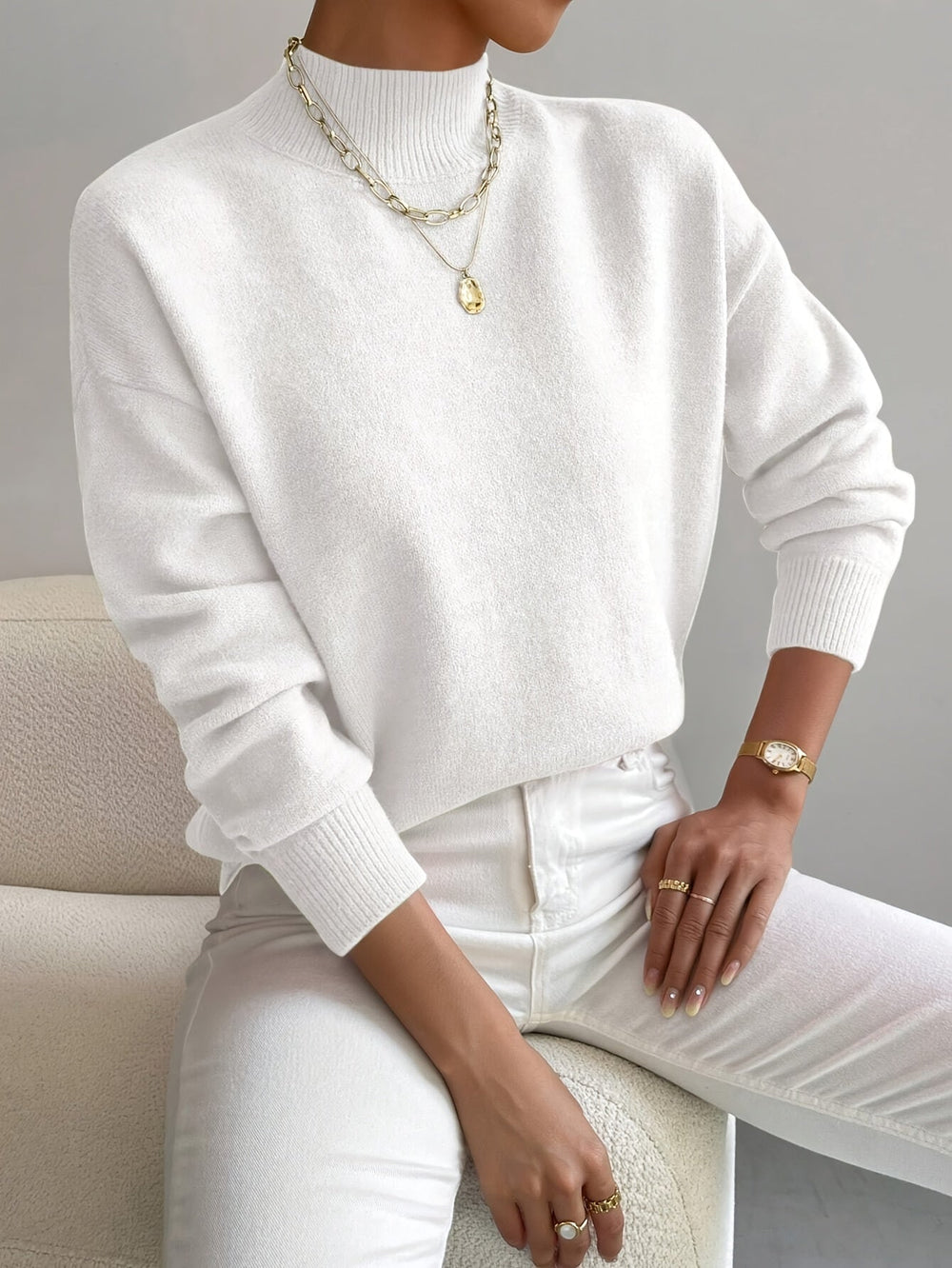 Women's Cozy Knit Turtleneck Sweater for Fall in White
