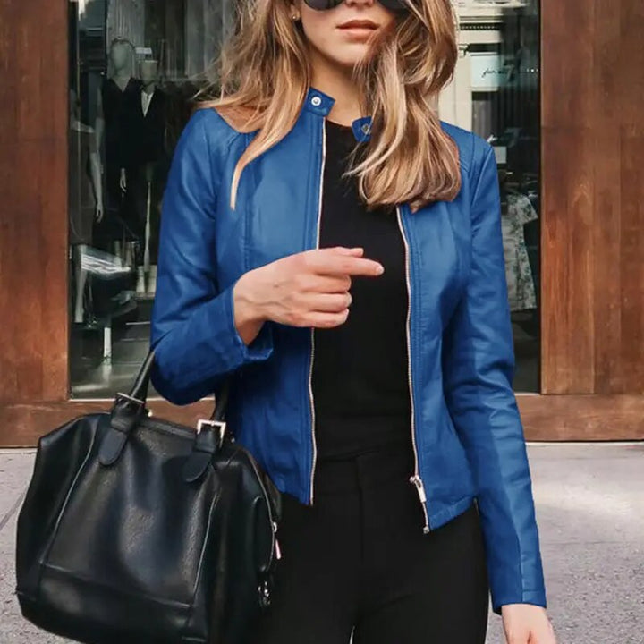 Women's Cropped Structured Leather Jacket in Blue