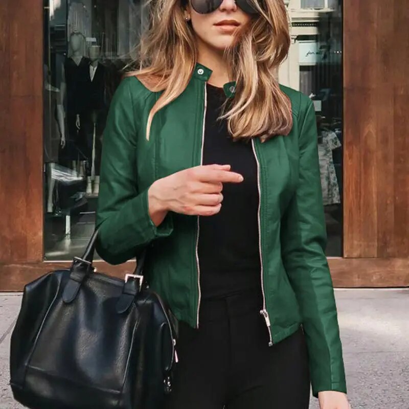 Women's Cropped Structured Leather Jacket in Green