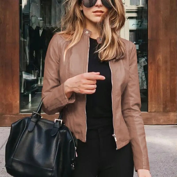 Women's Cropped Structured Leather Jacket in Khaki