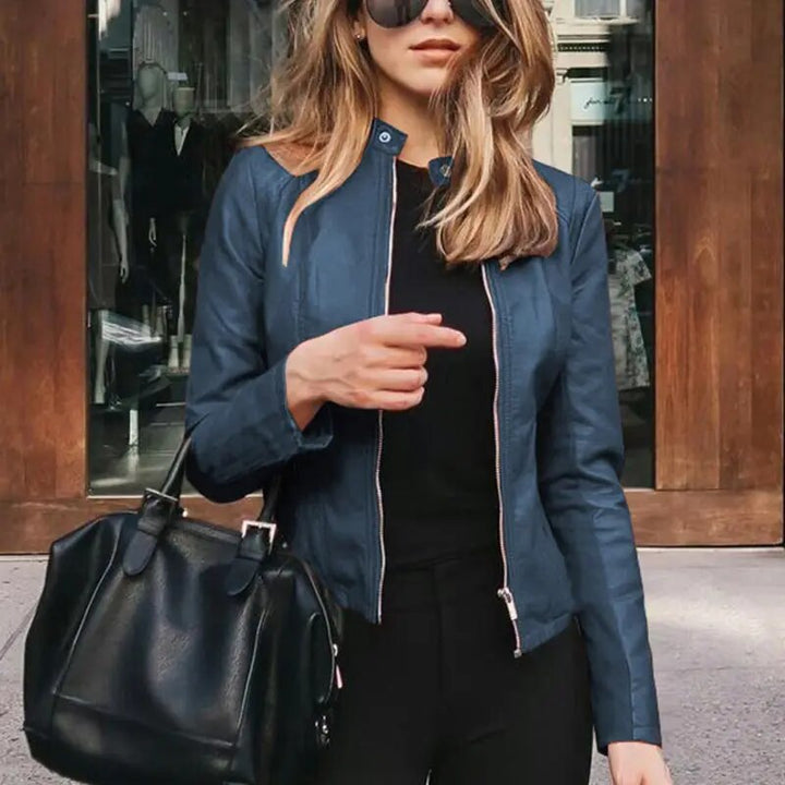 Women's Cropped Structured Leather Jacket in Navy Blue