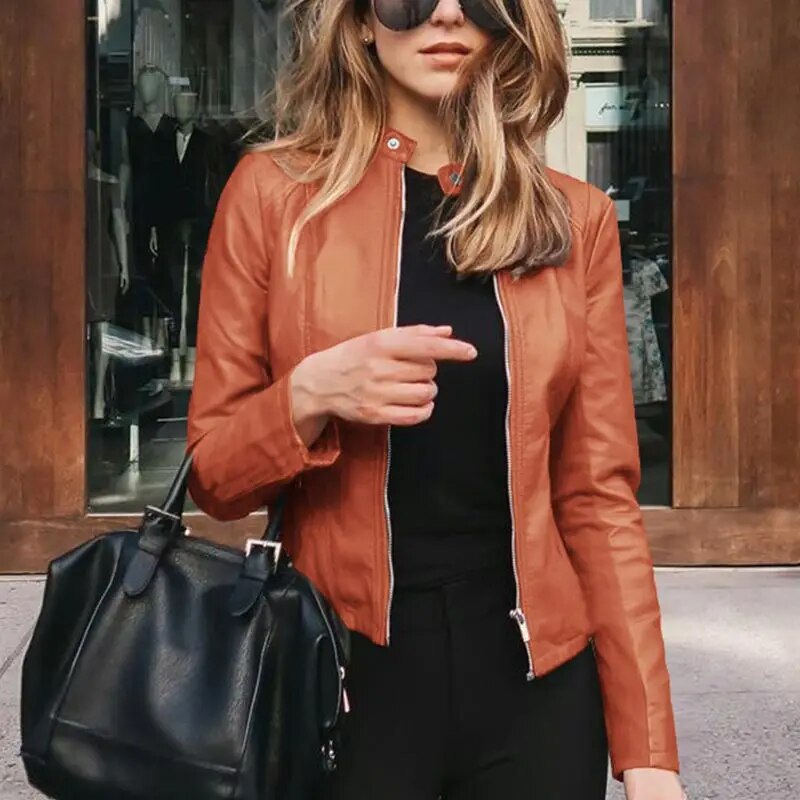 Women's Cropped Structured Leather Jacket in Orange