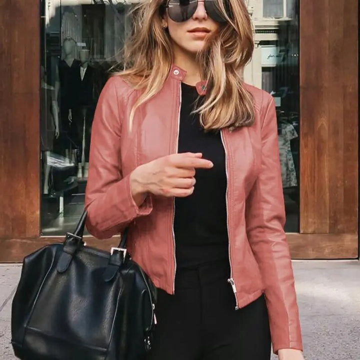 Women's Cropped Structured Leather Jacket in Pink