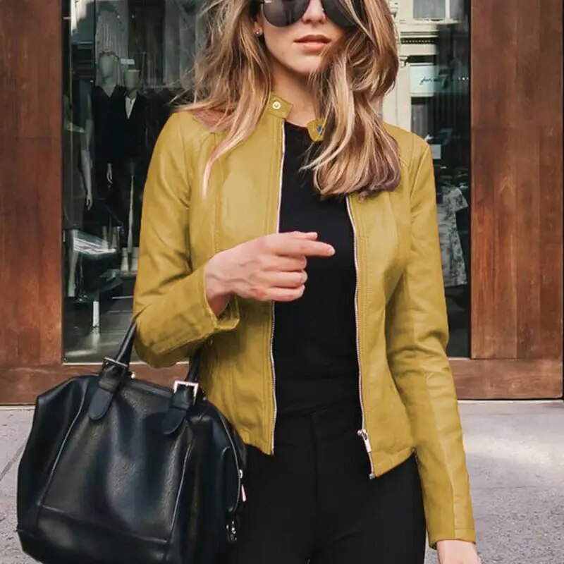 Women's Cropped Structured Leather Jacket in Yellow