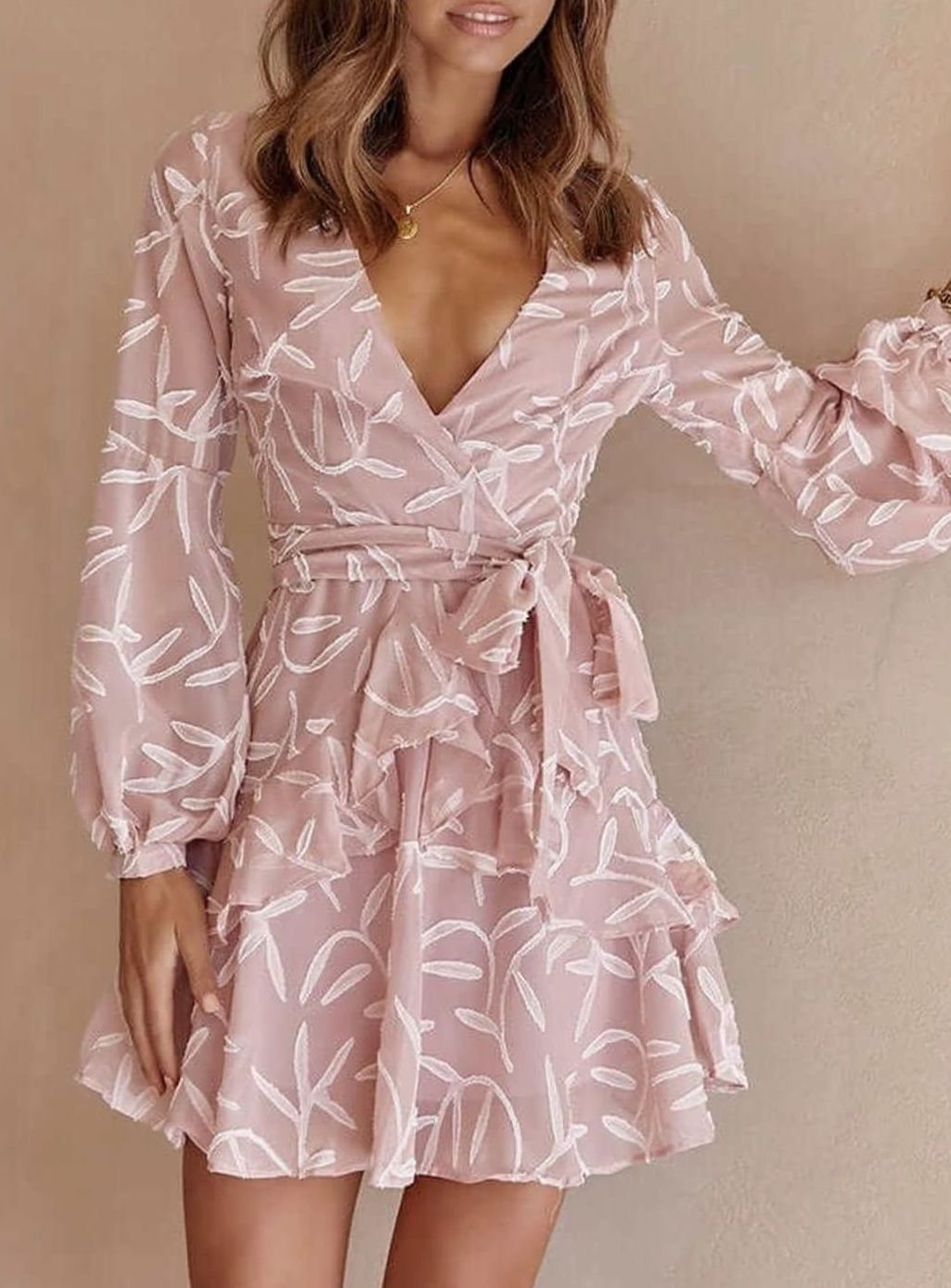 Women's Deep V-Neck Fall Wedding Guest Dress in Pink
