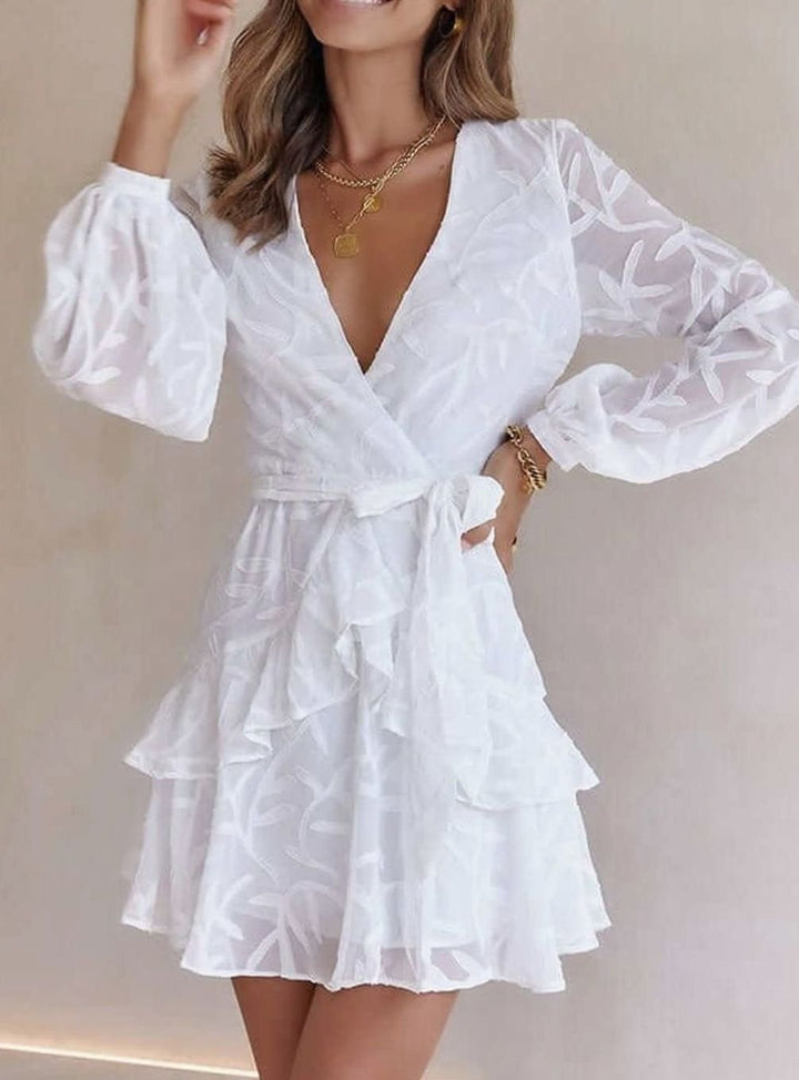 Women's Deep V-Neck Fall Wedding Guest Dress in White