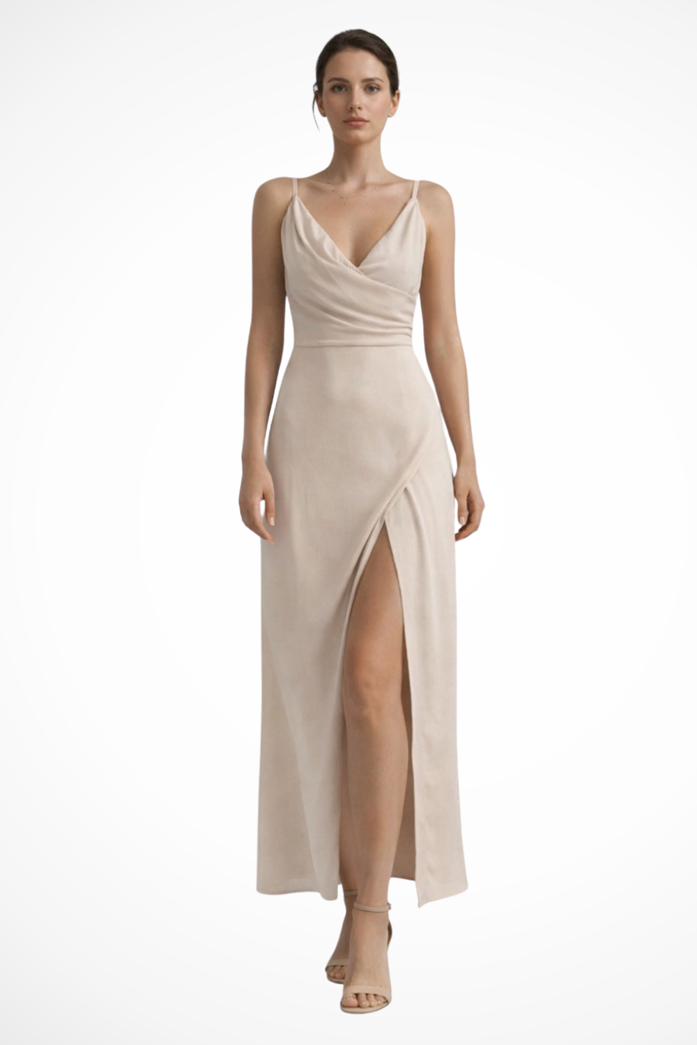 Women's Draped Fall Wedding Guest Maxi Dress in Beige