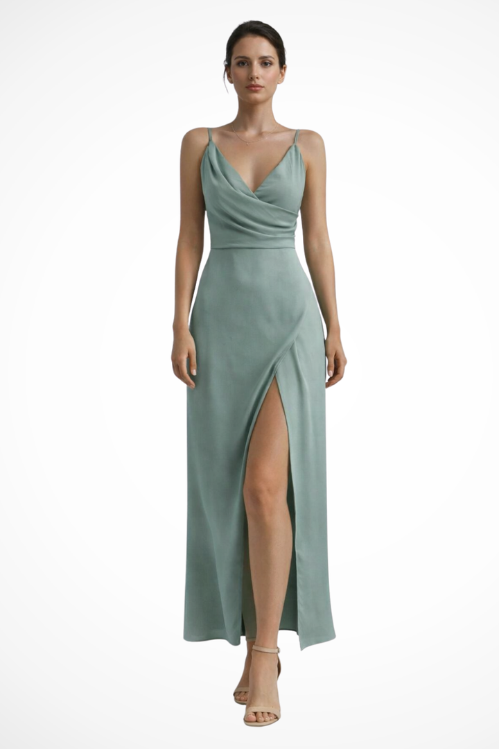 Women's Draped Fall Wedding Guest Maxi Dress in Green