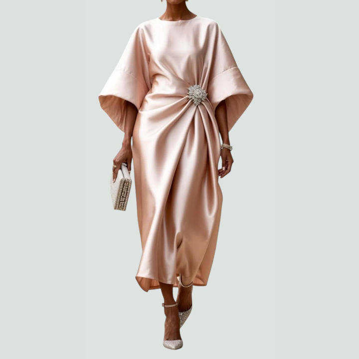 Women's Draped Fall Wedding Guest Midi Dress in Beige
