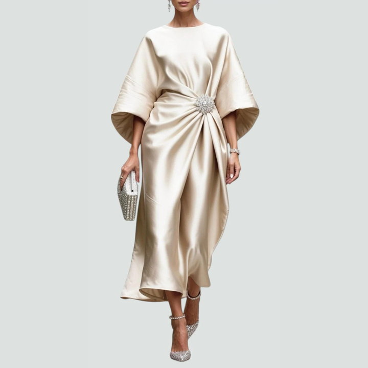 Women's Draped Fall Wedding Guest Midi Dress in Khaki