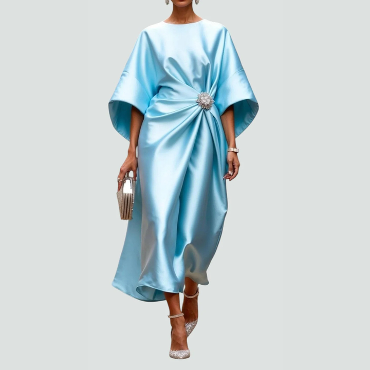 Women's Draped Fall Wedding Guest Midi Dress in Light Blue