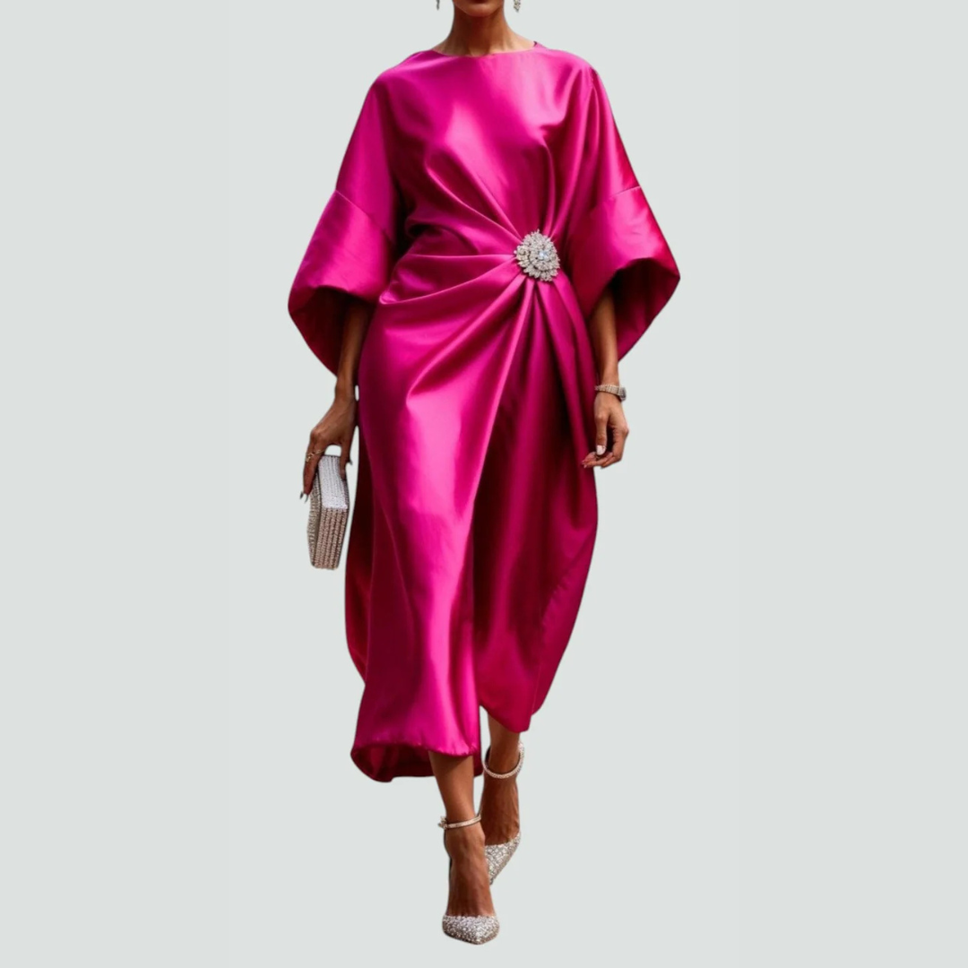 Women's Draped Fall Wedding Guest Midi Dress in Pink