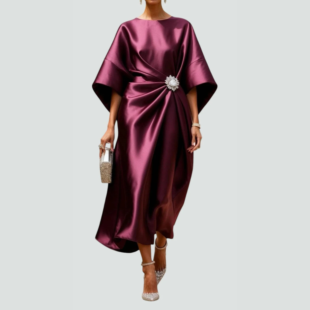 Women's Draped Fall Wedding Guest Midi Dress in Red