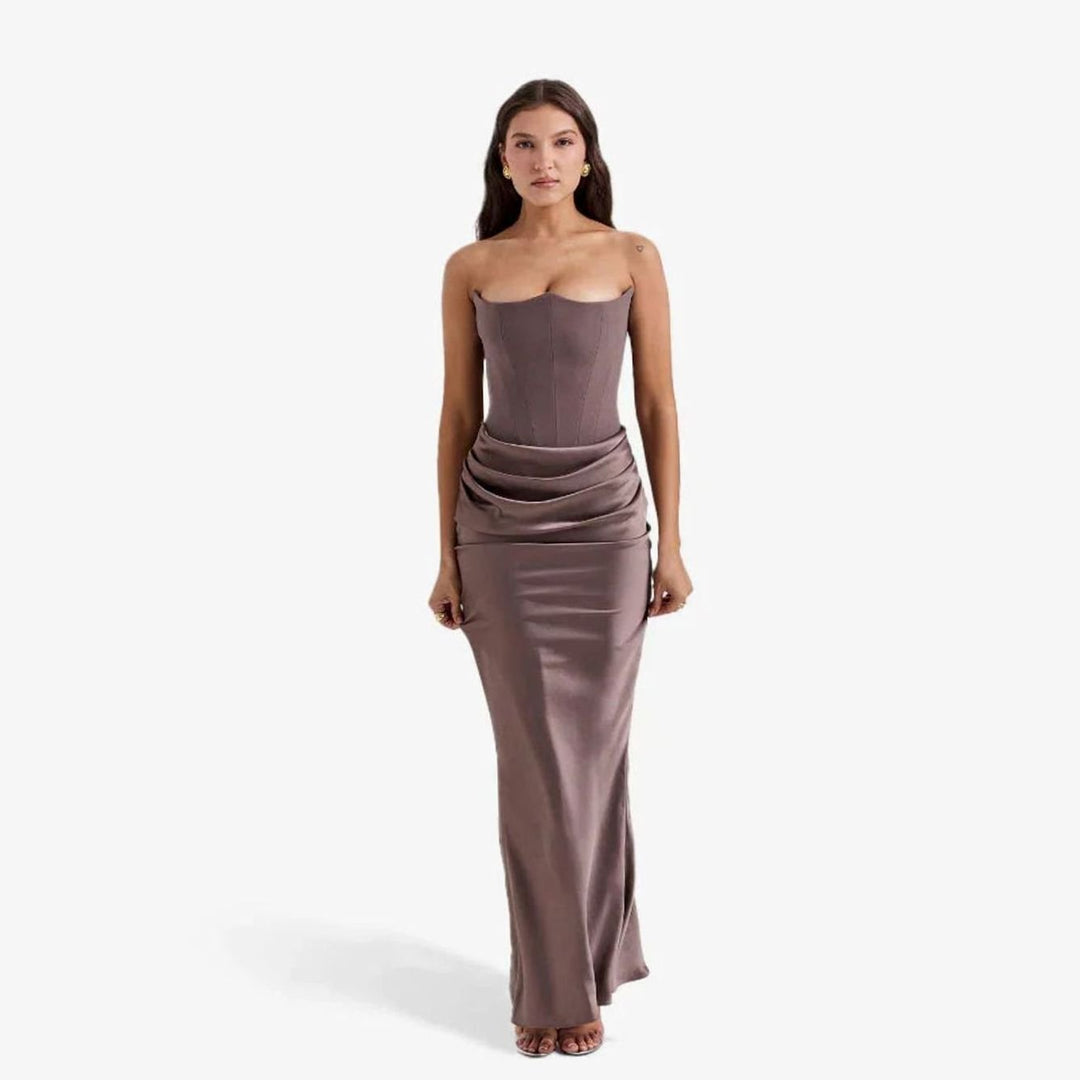 Women's Draped Maxi Fall Wedding Guest Dress in Brown