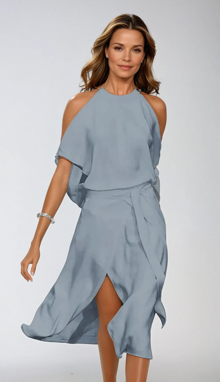 Women's Draped Midi Cocktail Dress in Grey