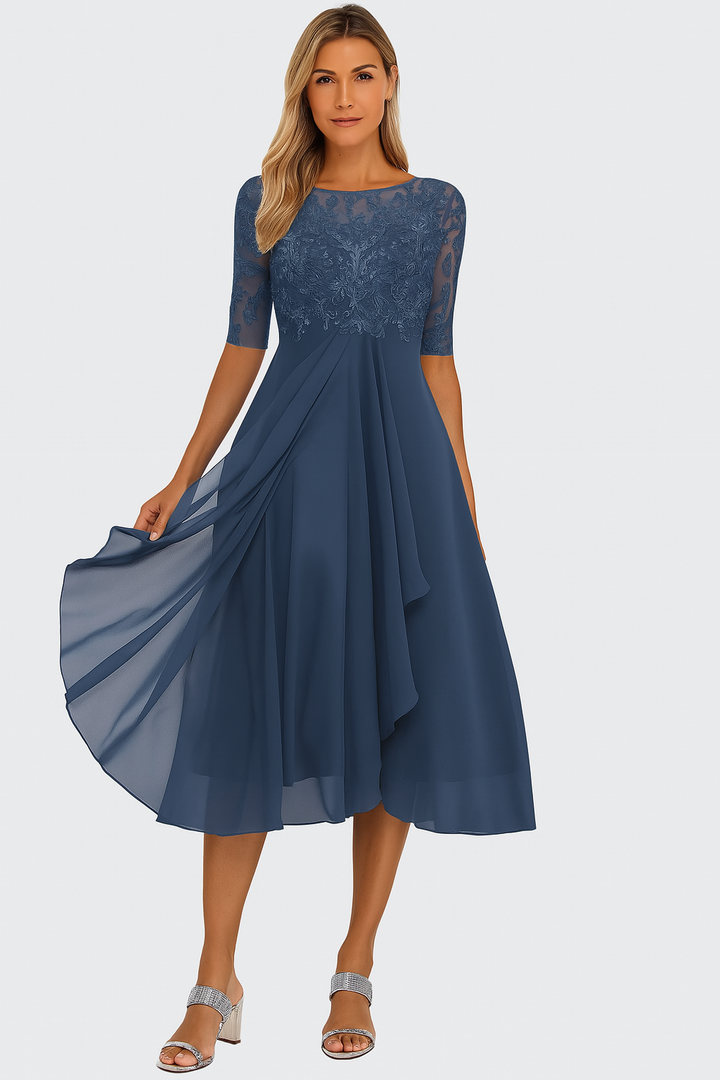 Women's Elegant A-Line Midi Cocktail Dress in Blue