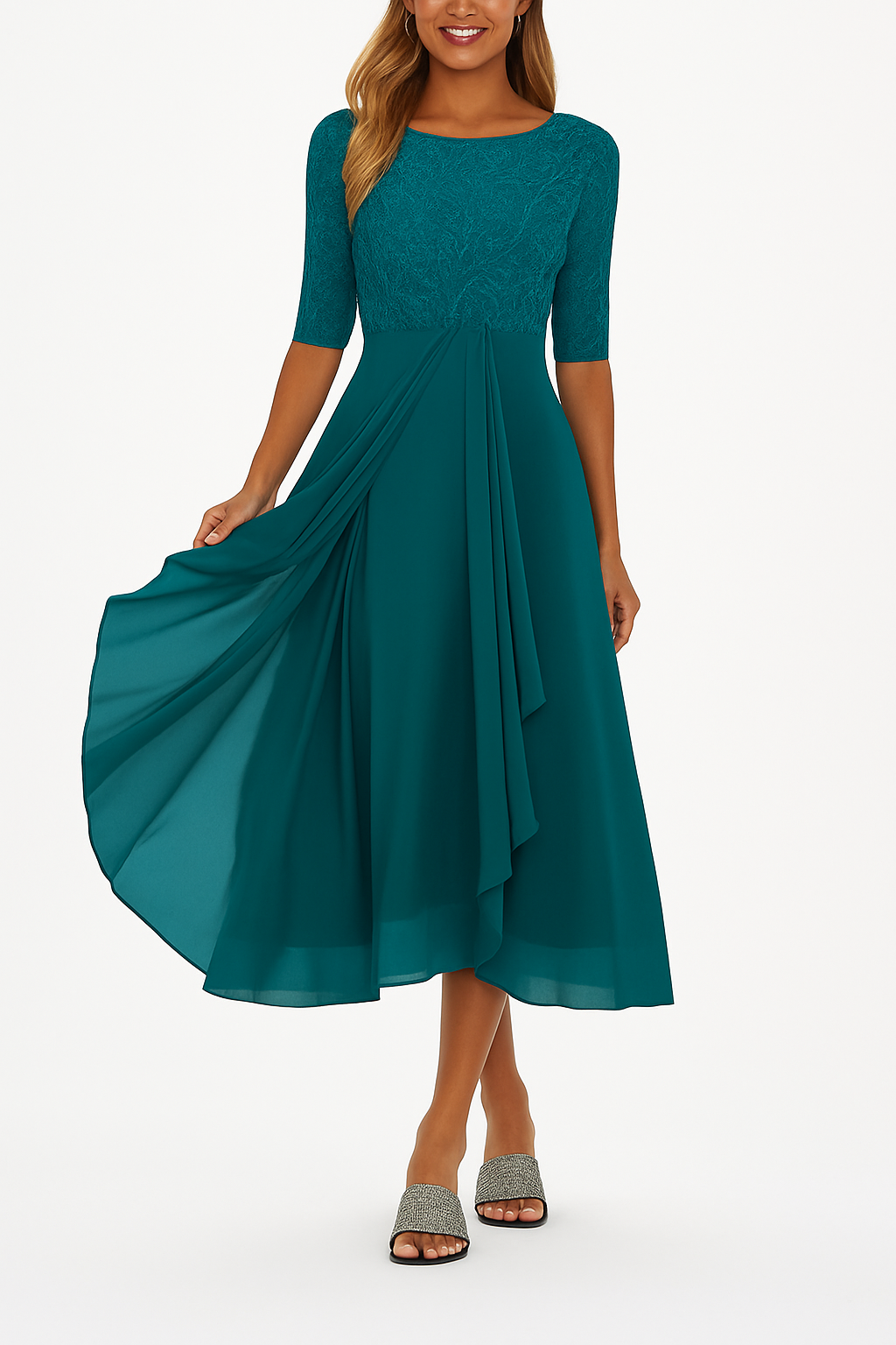Women's Elegant A-Line Midi Cocktail Dress in Dark Green