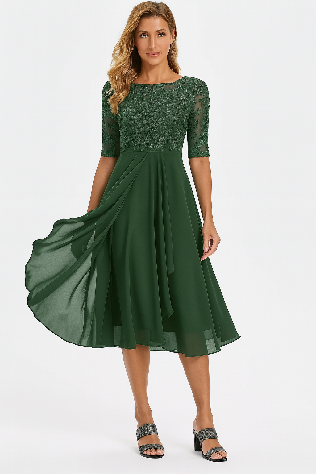 Women's Elegant A-Line Midi Cocktail Dress in Green