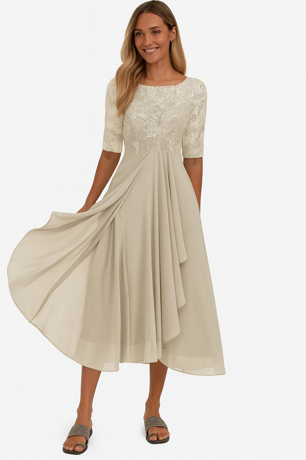 Women's Elegant A-Line Midi Cocktail Dress in Light Yellow