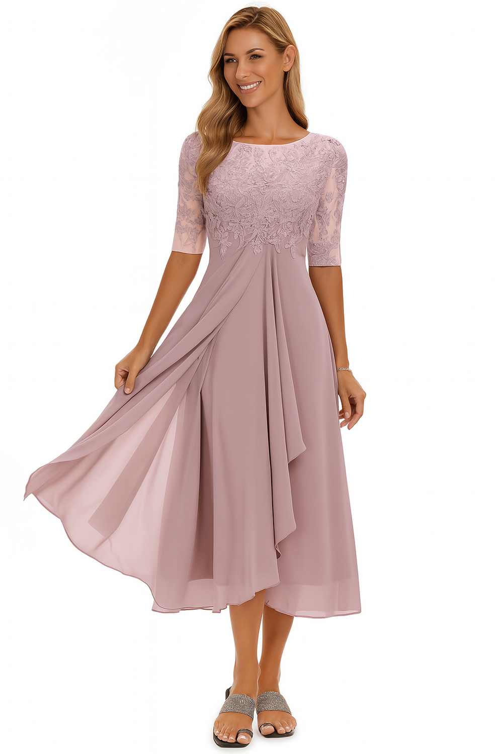 Women's Elegant A-Line Midi Cocktail Dress in Pink