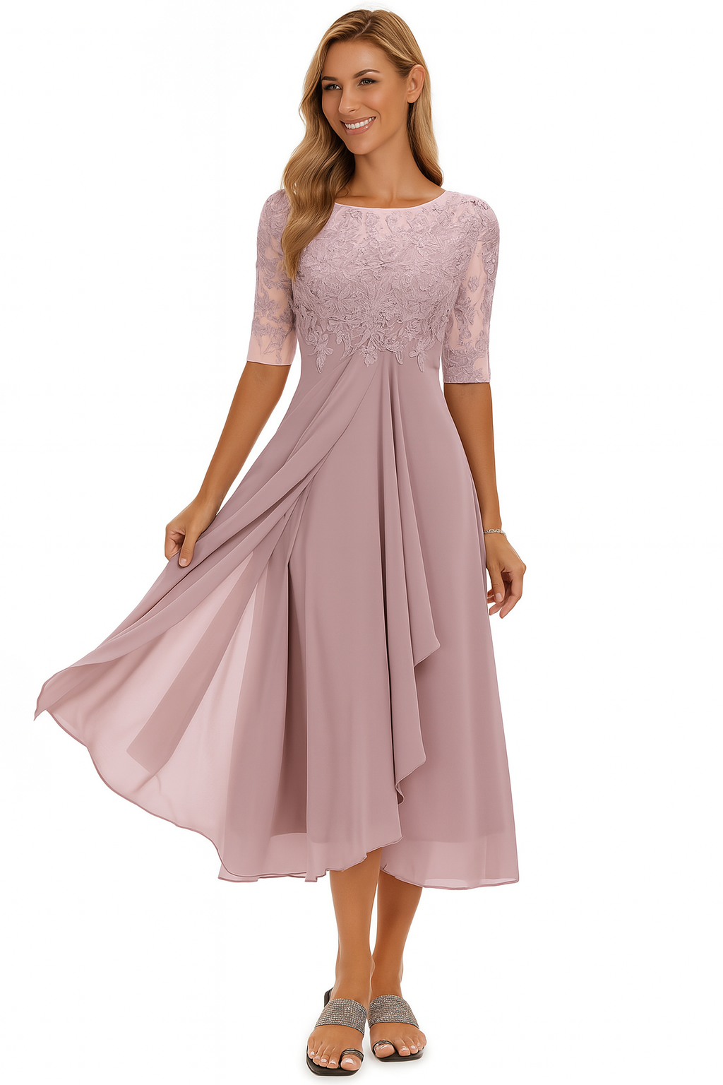 Women's Elegant A-Line Midi Cocktail Dress in Pink