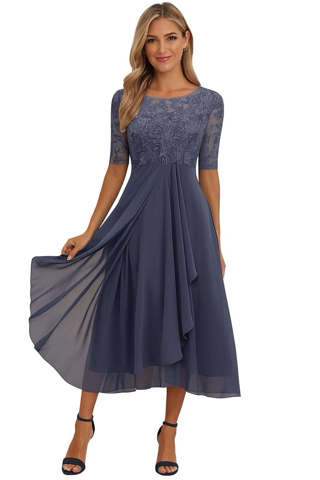 Women's Elegant A-Line Midi Cocktail Dress in Purple