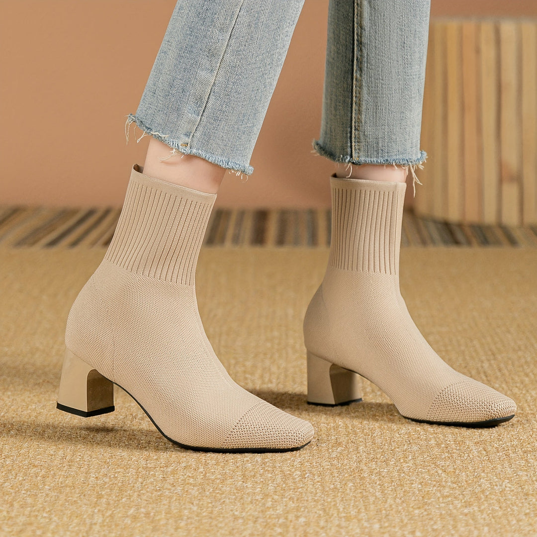 Women's Elegant Ankle Boots with Block Heel in Beige